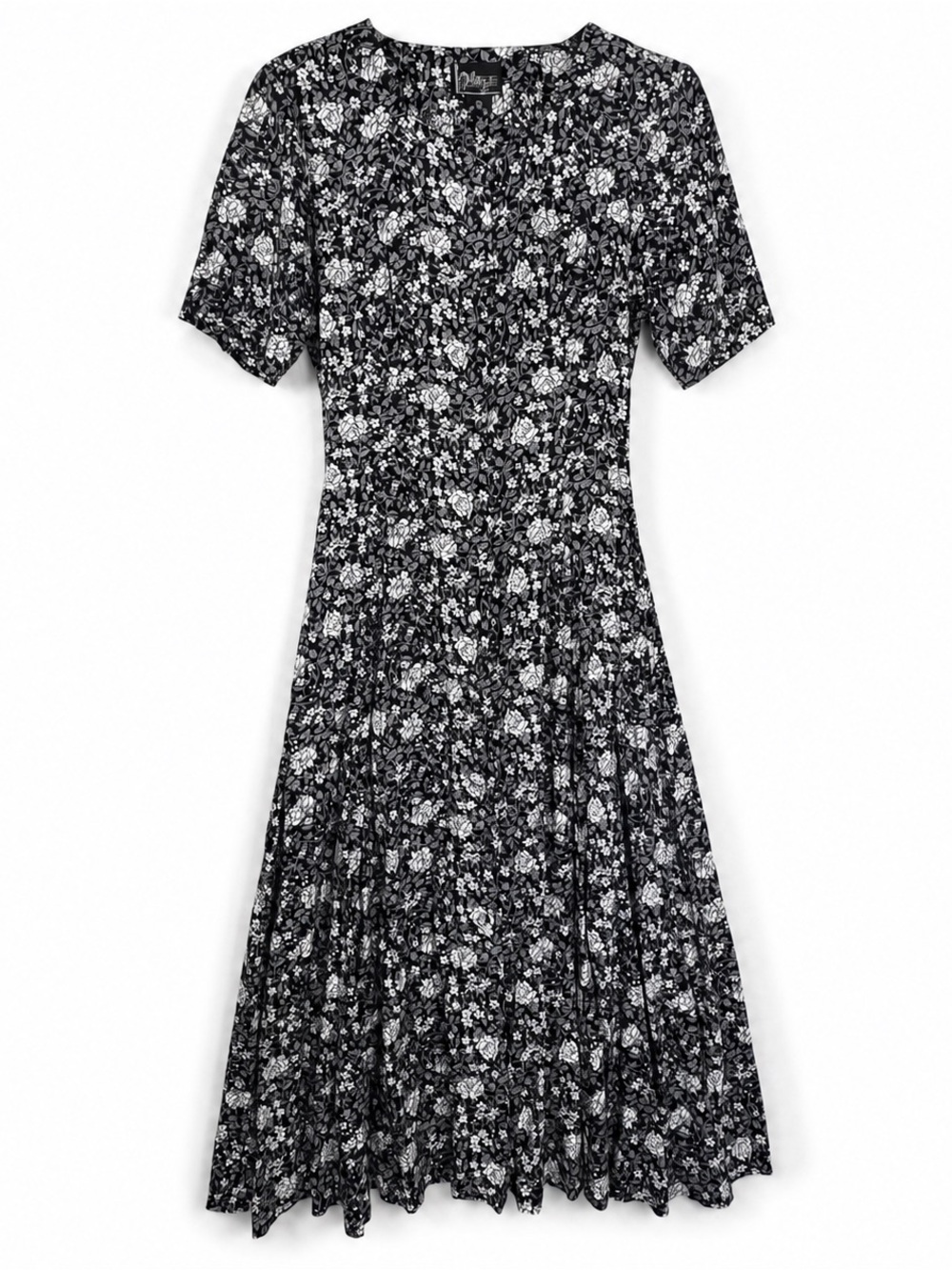 Vintage 90s Black Floral Prairie Midi Dress Tie Back M Grunge Goth